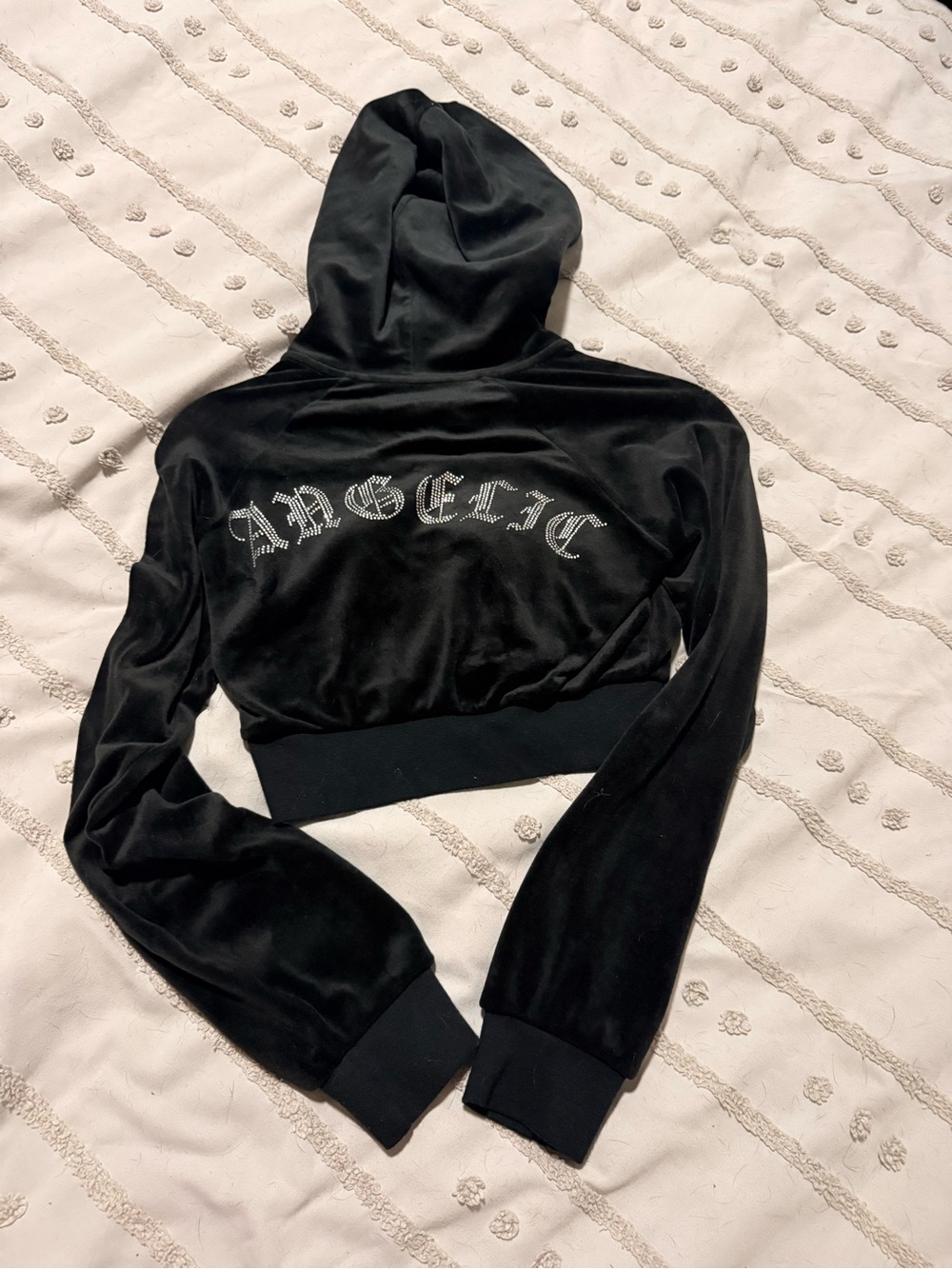 Divided Black Velour Cropped Hoodie with 'Angelic' Rhinestone Script